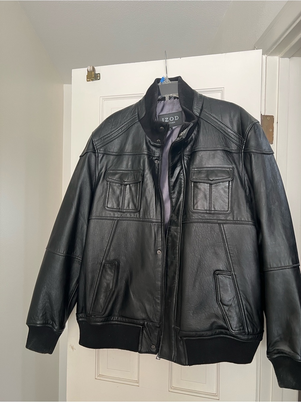 Izod Black Leather Bomber Jacket with Chest Flap Pockets
